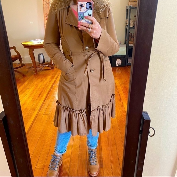 Anthropologie Tan Cotton Lined Ruffle Trench Coat - Picture 2 of 12